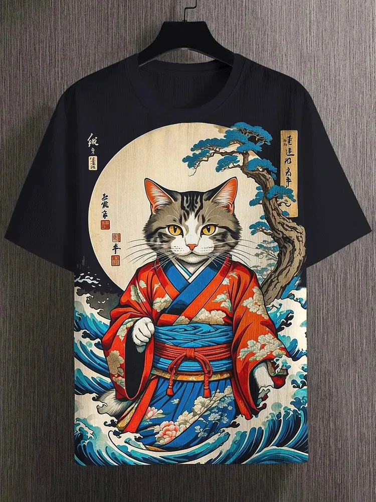 الرجال اليابانية Ukiyo-E مطبوعة تي شيرت قصيرة الأكمام تي شيرت ثلاثية الأبعاد طباعة س الرقبة قمصان حفلة الصيف ملابس للرجال عادية الملابس