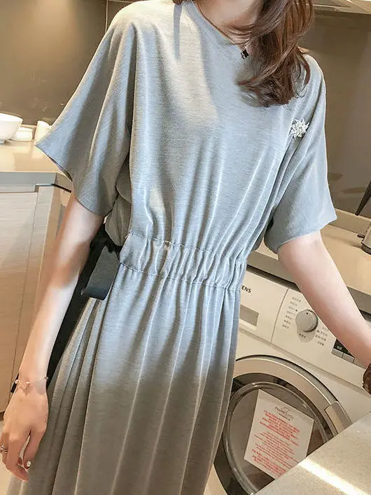 T-shirt ample Maxi Dr Street Sle Version coréenne femmes été minceur jupe longue ceinturée décontracté taille haute fibre de Polyester