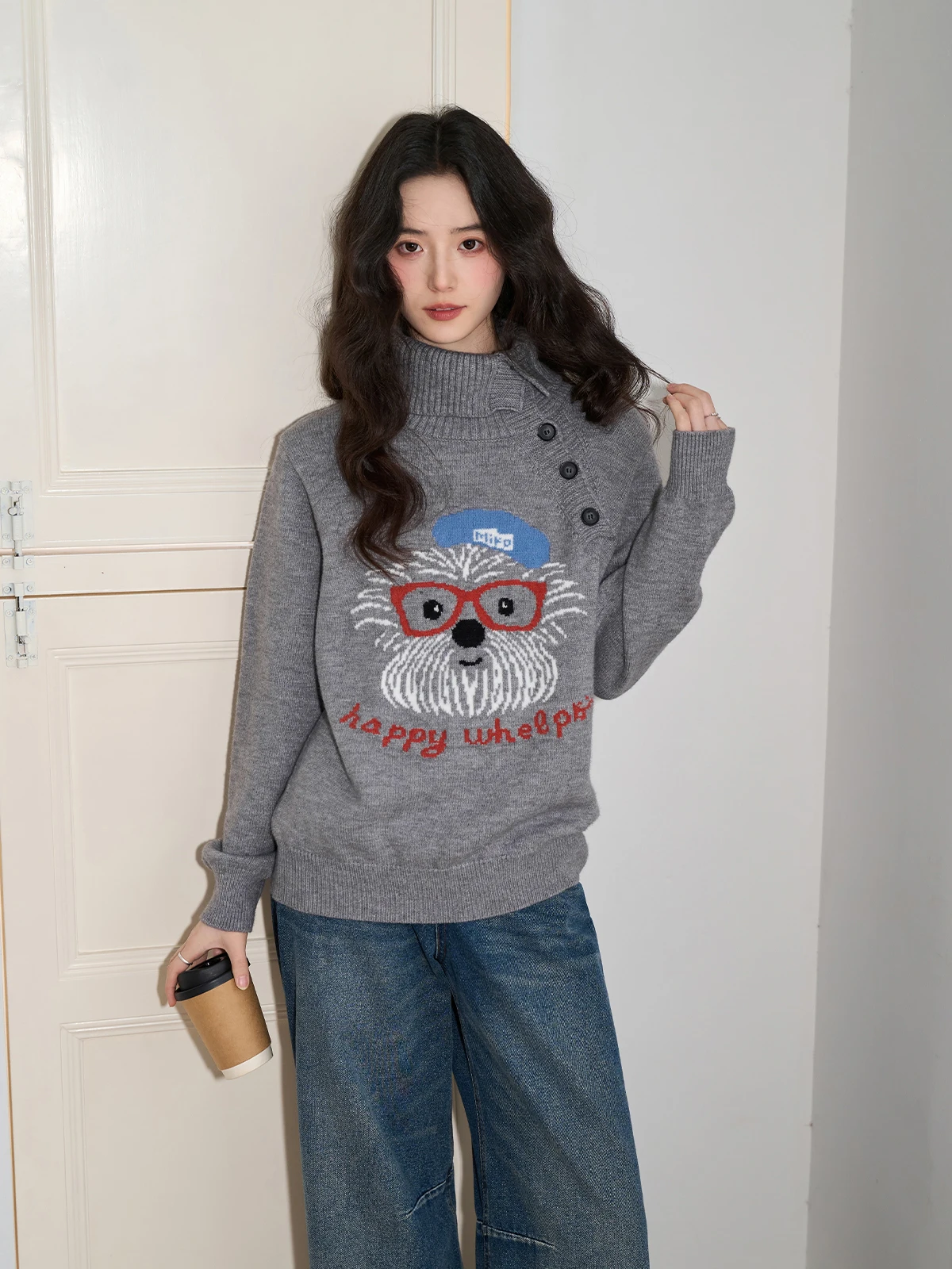 

Loose Fit Long Sve Knitted Sweater for Women ey Crew Ne Dog Print Winter New Sle Lazy Faion Inner Wear Top