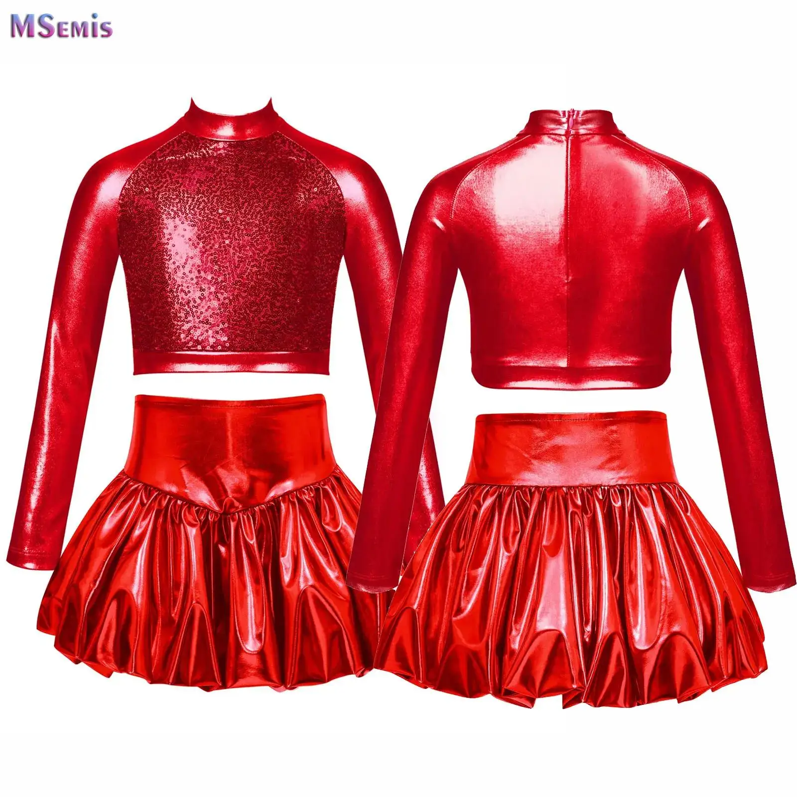 

Big Girls Latin Jazz Ballroom Dance Outfit Performance Costume 2pcs Shiny Sequined Crop Tops And Bubble Skirt Show Dancewear