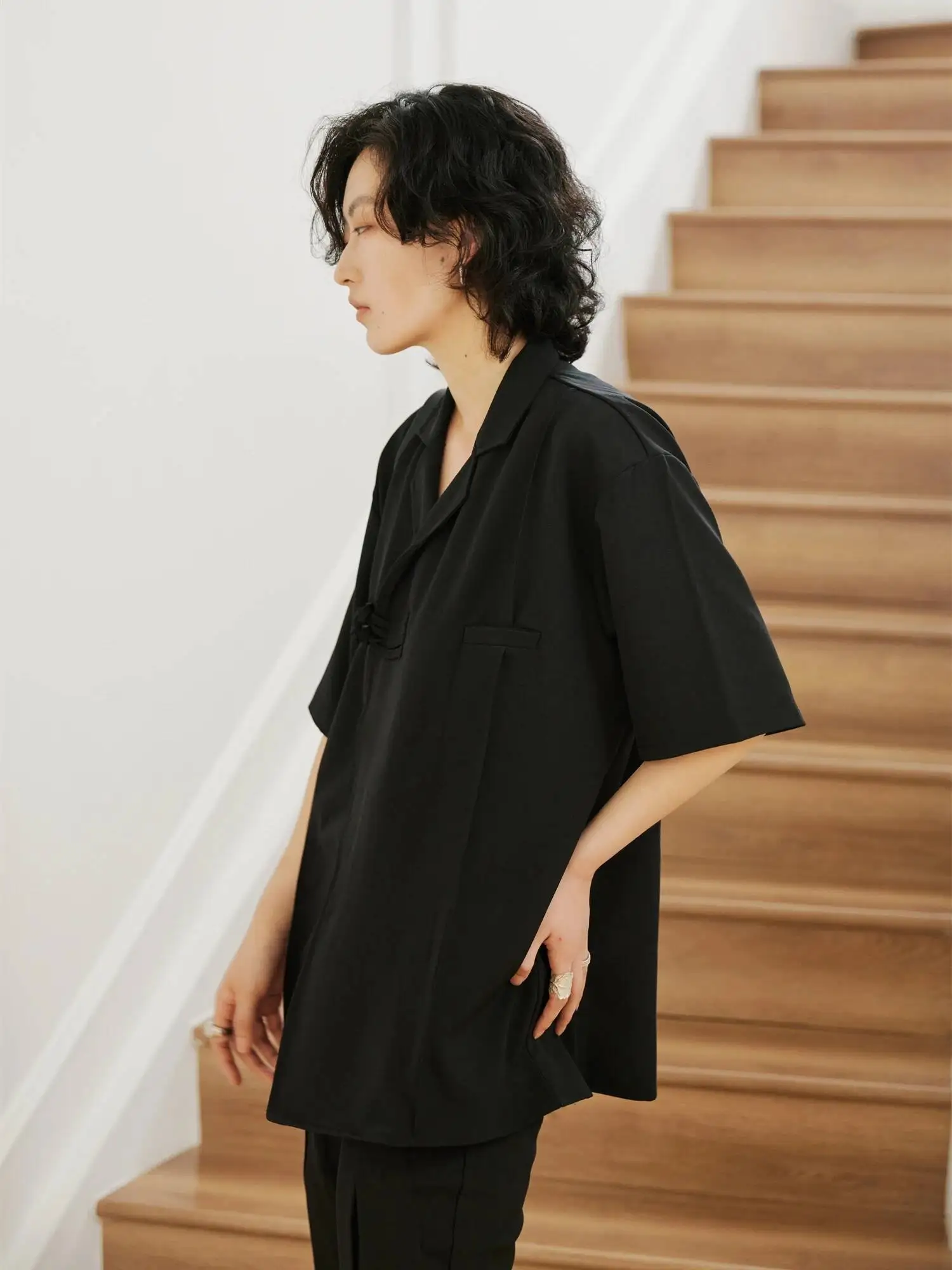 UMI MAO Niche Yamamoto Dark Top Design New Chinese Style Buckle Slanted Placket Lapel Short Sleeved Draped Shirt Femme