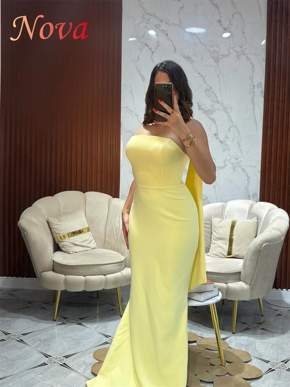 

Customized Mermaid Simple Jersey Party Dresses Elegant Strapless Sleeveless Evening Gowns Luxury Sweep Train Vestido De Festa