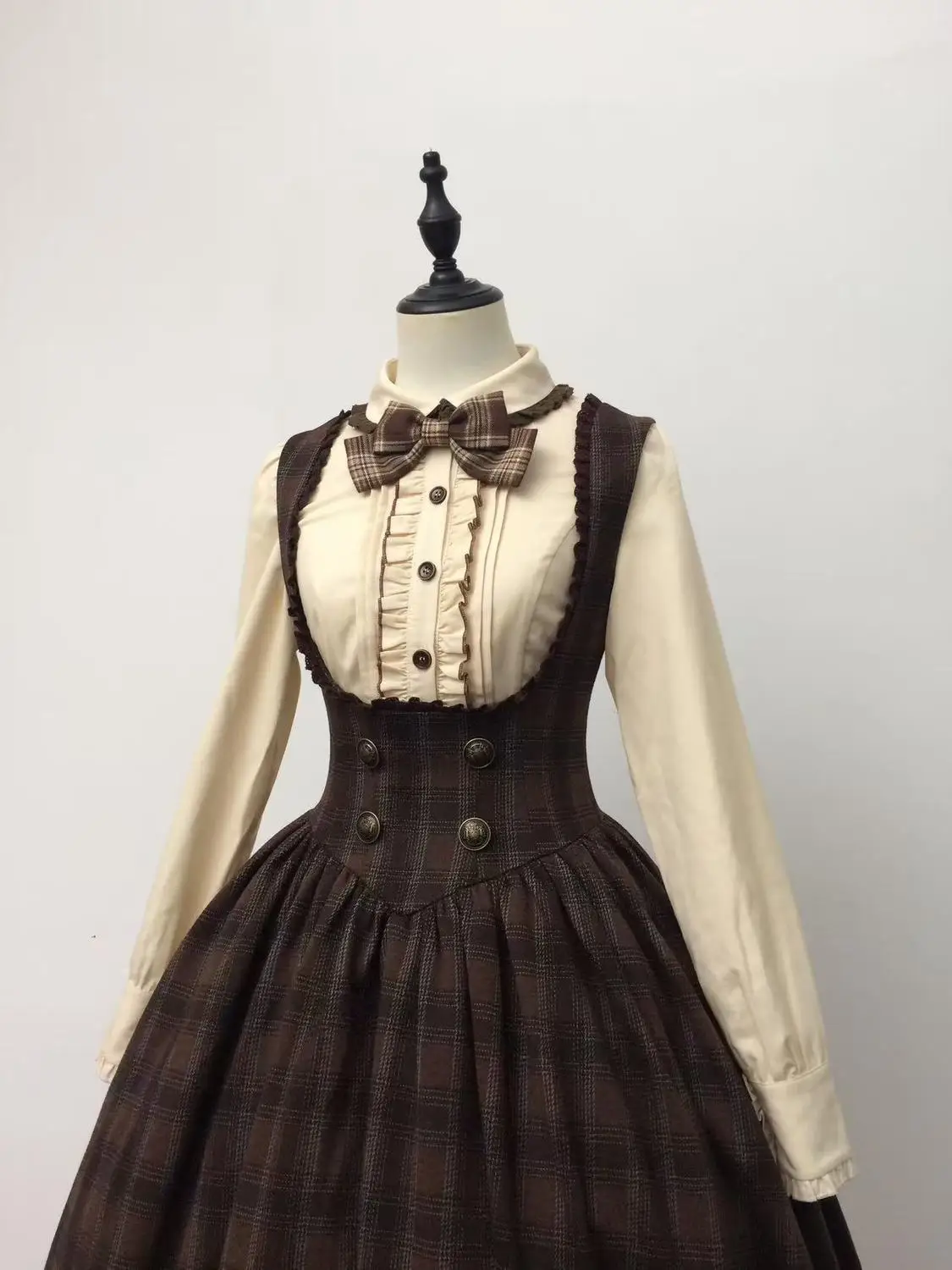 Japanese Retro Lolita 2-Piece Set Women Slim Fit Bow Shirt + Plaid High Waist Dress Fashion Kawaii Elegant Party Chic Outfits image 4