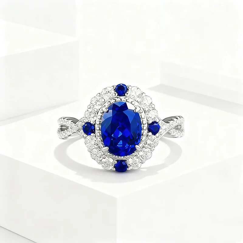 New product: 100% S925 silver 6 * 8mm simulated royal blue oval ring, court style antique fashion wedding jewelry