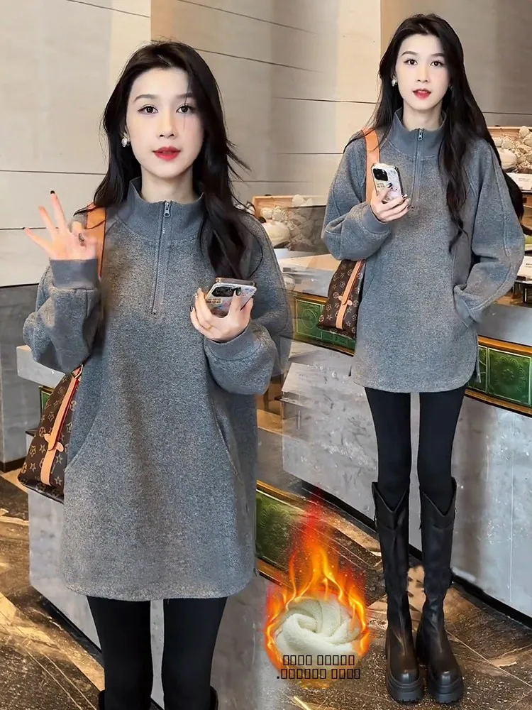 

Женская модная удлиненная толстовка больших размеров с капюшоном, осенне-зимняя новинка, свободный крой, скрывающая живот, на молнии