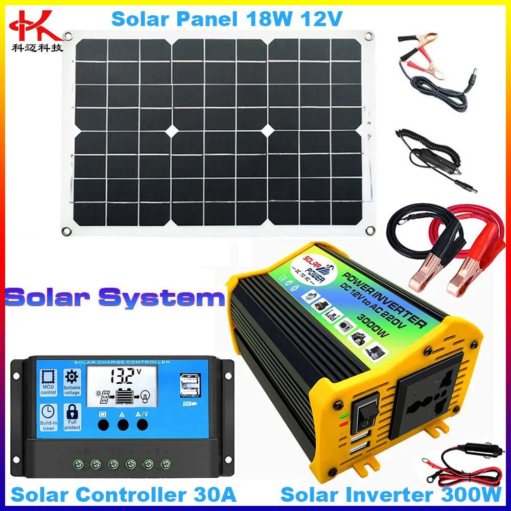 Solar Power Inverter Converter Transformer 12v to 110v 220v 230v Peak 600W Modified Sine Wave +Solar Panel 18w + Controller 30A