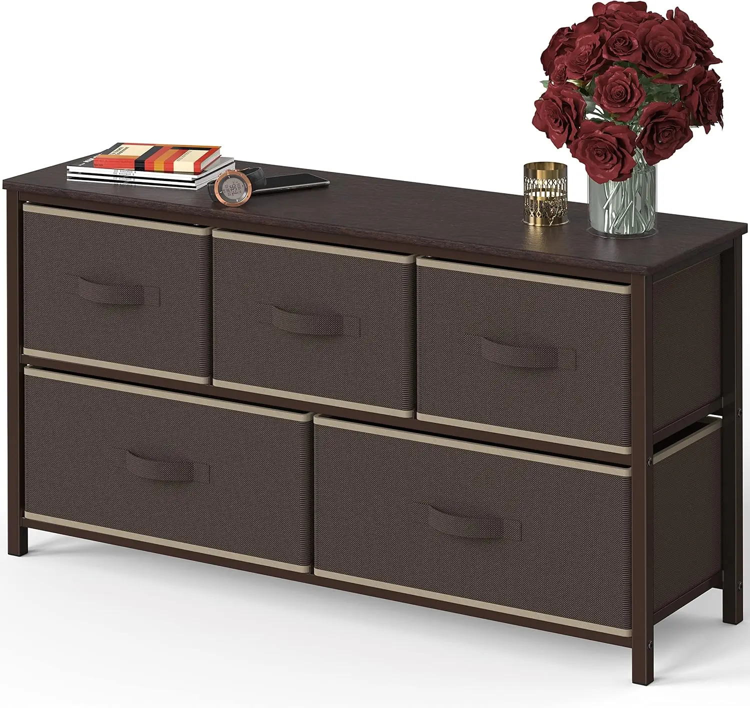 

Wide Dresser for Bedroom with 5 Storage Organizer Drawers, Brown