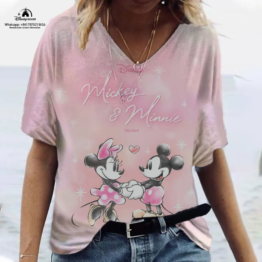 

2024 New Party Summer Sexy Club Mickey and Minnie Printed V Neck Short Sleeve T-Shirt Women Fashion Casual Tops y2k