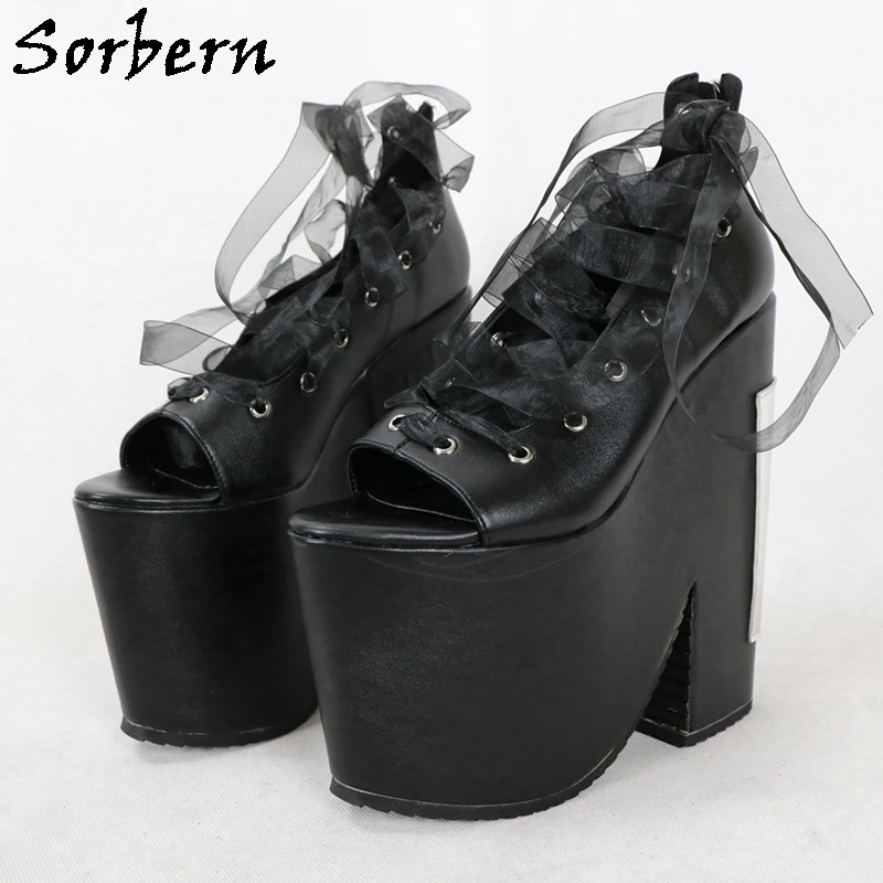 Sorbern Black Matte Women Pump Shoes Open Toe Tulle Lace Up Block High Heel Wedges Platform Shoes Plus Size 47 48 Multi Colors