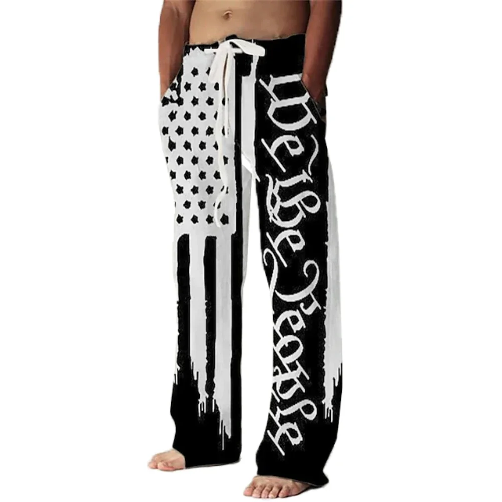 

Full Length Wide Leg Pants Printed Hipster Fashion Summer Star Stripe Flag Straight Trousers Streetwear Sweatants Men Clothing