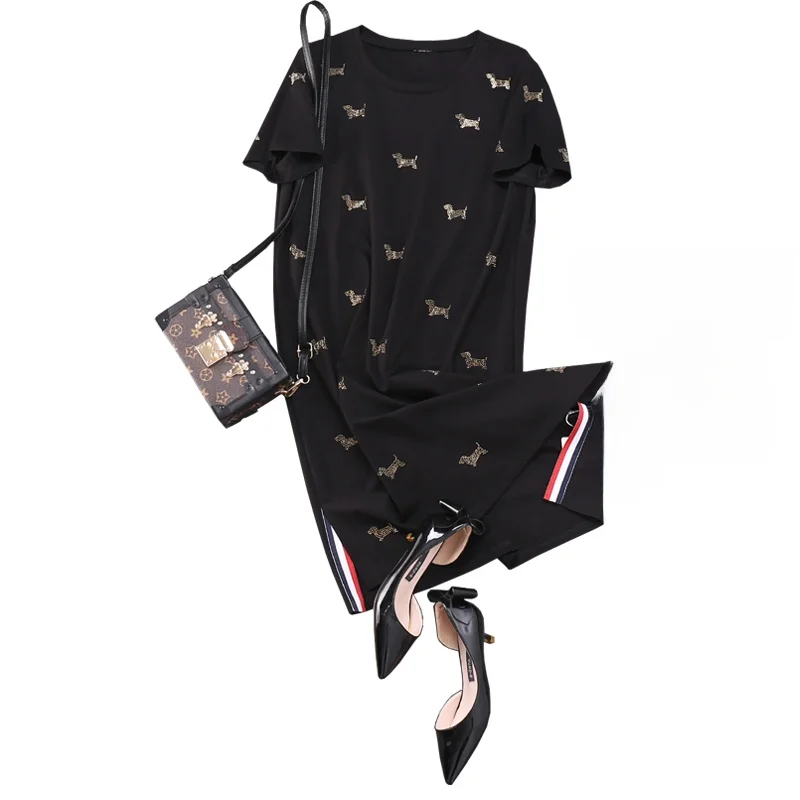 

Creative Rhinestone Dog Loose Dress Fashion Upgrade Little Black Dress Asymmetrical Hem Stripe Splicing Midi Dress Trendy
