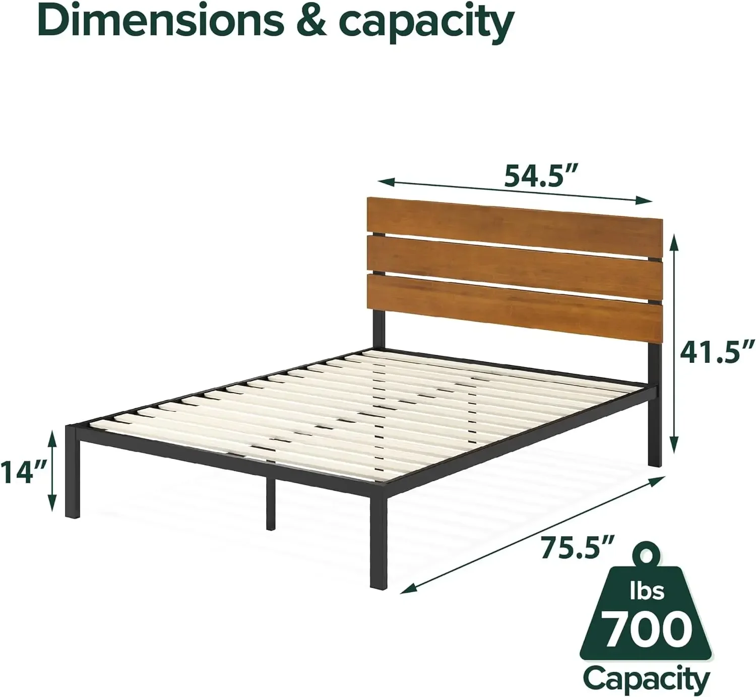 ZINUS Paul platformbedframe van metaal en bamboe, houten lattenbodem, geen boxspring nodig, eenvoudige montage, vol