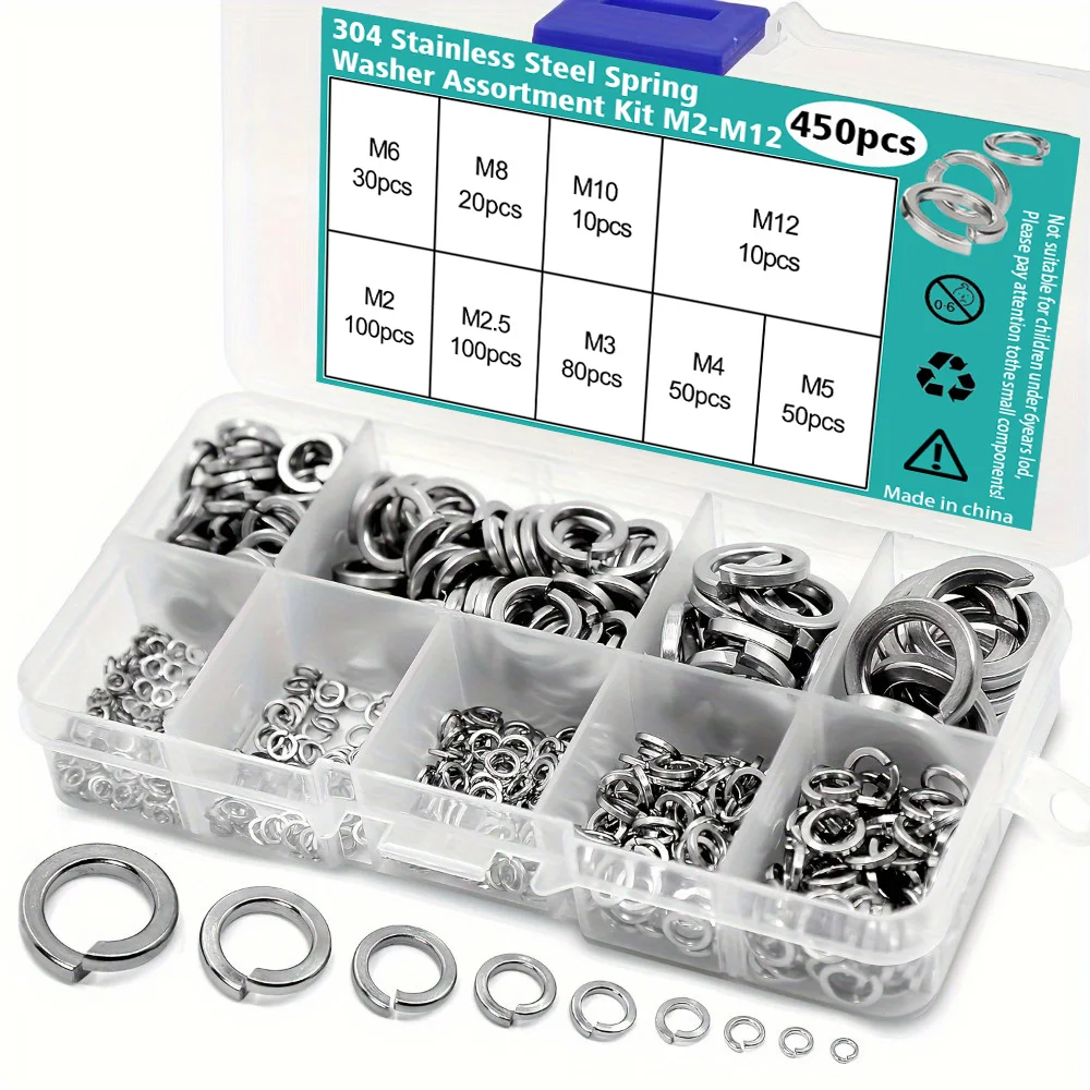 450-Piece Set of 304 Stainless Steel Spring Washers - M2, M2.5, M3, M4, M5, M6, M8, M10, M2