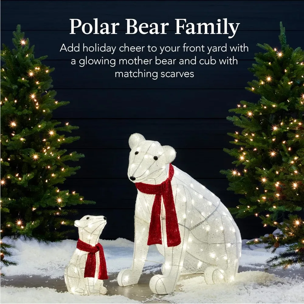 32in 2-Piece Lighted Polar Bear Family, Large All-Weather Pre-Lit Outdoor Christmas Décor for Front Yard,  Lawn w/ 145 Pre