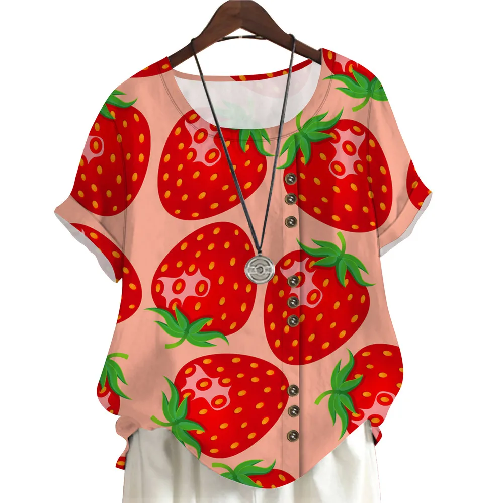 CLOOCL Oversized Blouses Lovely Strawberry Printed T Shirts Crew Neck Tops Streetwear Summer Fashion Female Button Tees