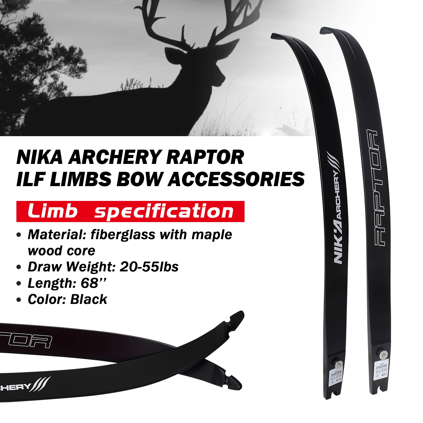 

68" NIKA ARCHERY Raptor Bow Limbs ILF Type 20-50lbs for Recurve Bows Powerful Hunting Outdoor Shooting