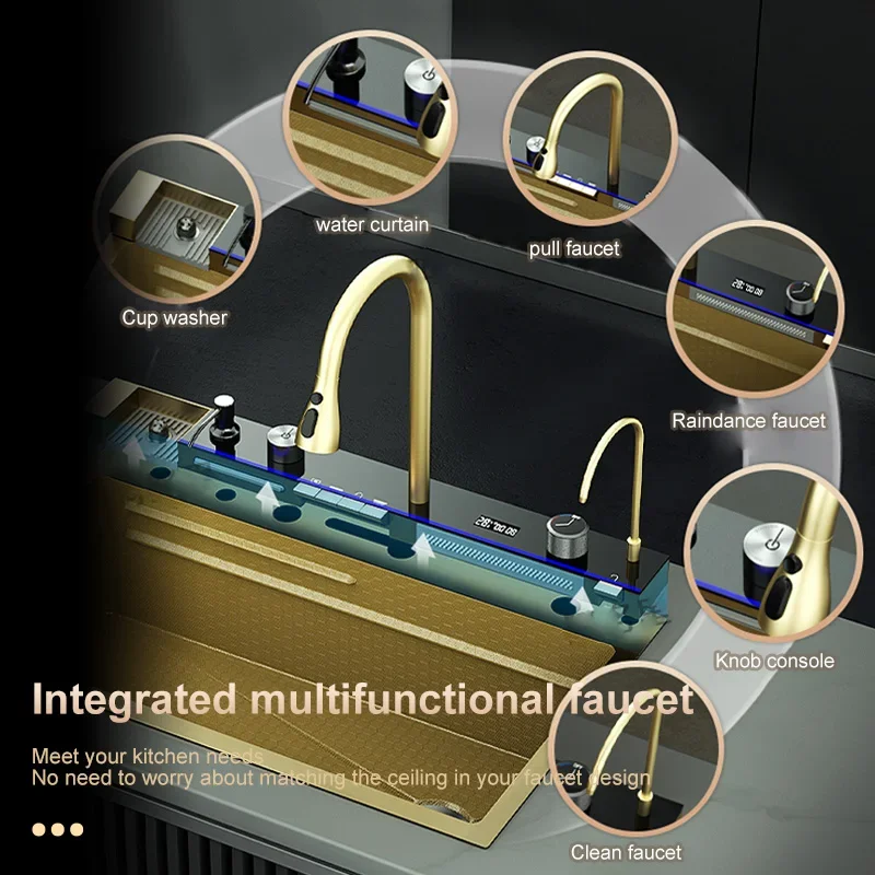 Golden Stainless Steel Kitchen Sink Double Waterfall Sink Digital Display Embossed Large Single Slot Multi-functional Wash Basin