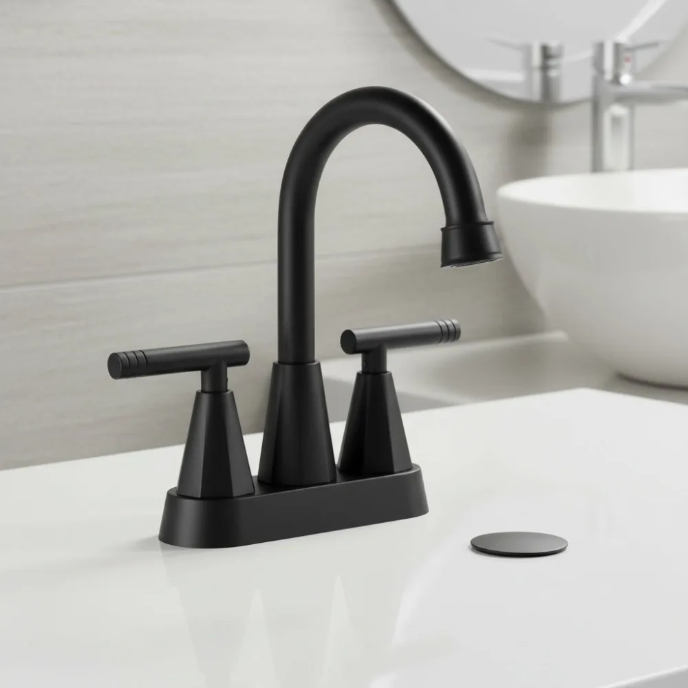 

3 Hole Bathroom Faucet 4 Inch with Pop Up Drain, Matte Black Centerset Sink Faucet for Vanity DIY Installation