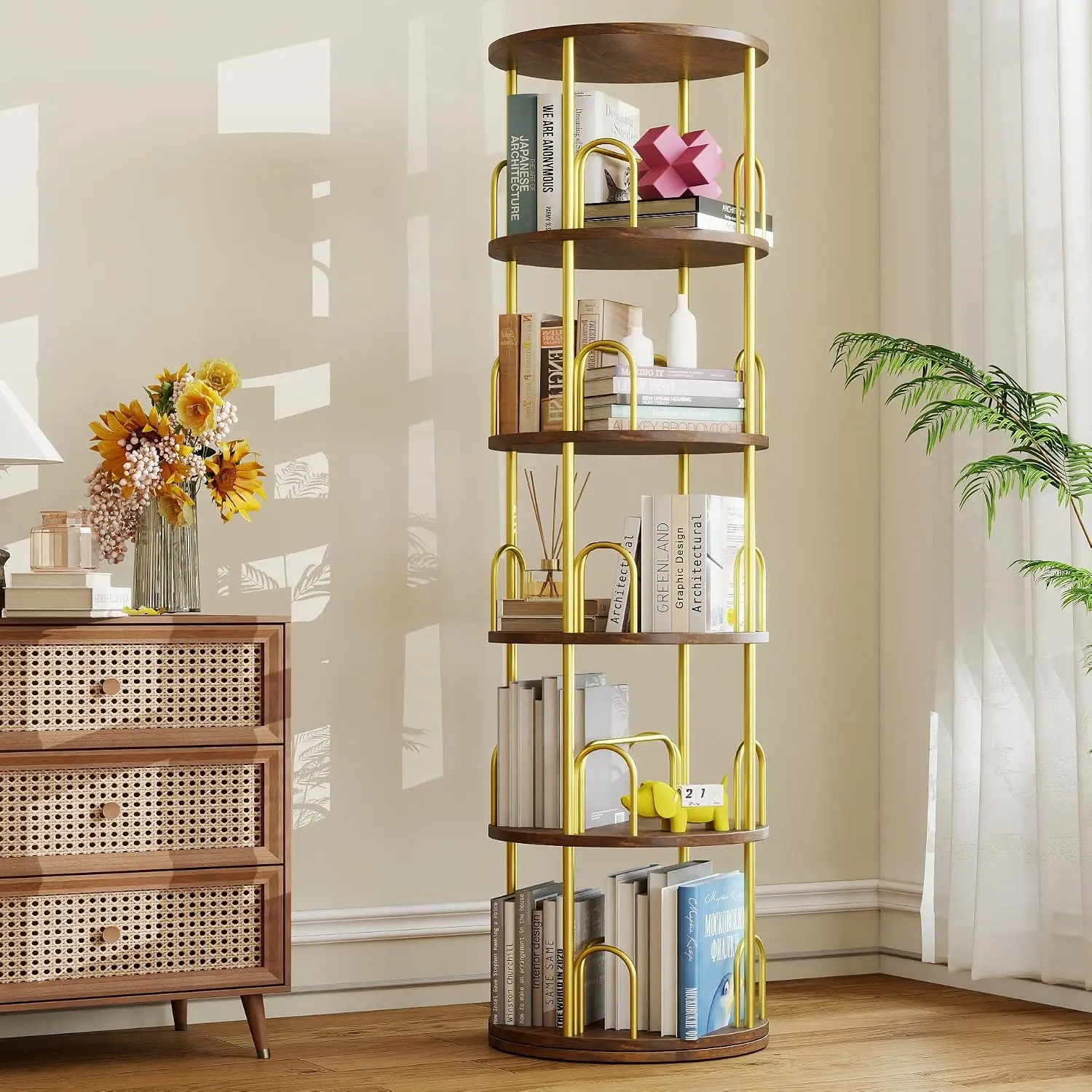 5-Tier Rotating Bookshelf, 360° Round Spinning Book Shelf Tower, Tall Skinny Wood & Metal Bookshelf for Corner/Office/Home, Mode