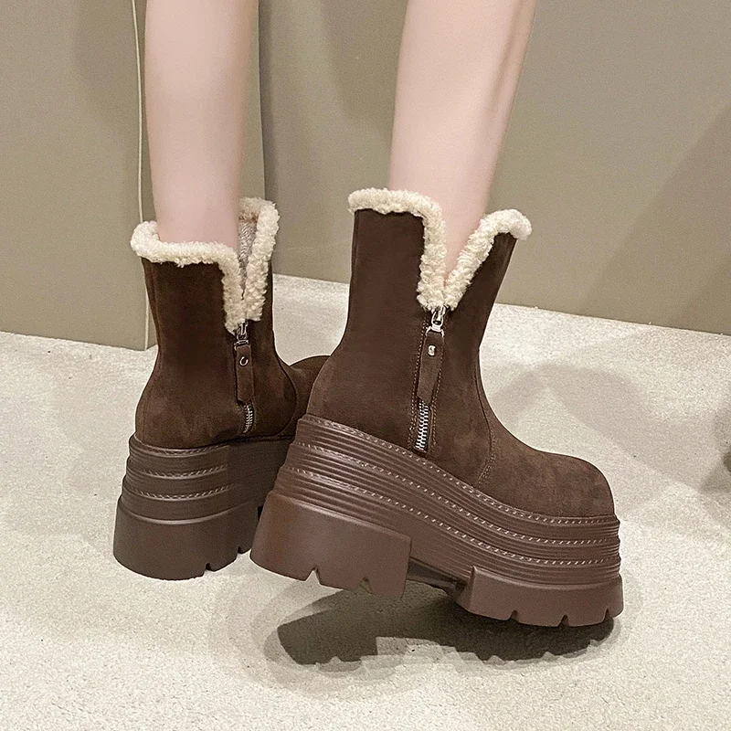 10CM Winter Warm Snow Boots Women High Platform Fur Mid-Calf Boots Thick Bottom Plush Shoes Female Heels Chunky Leather Sneakers