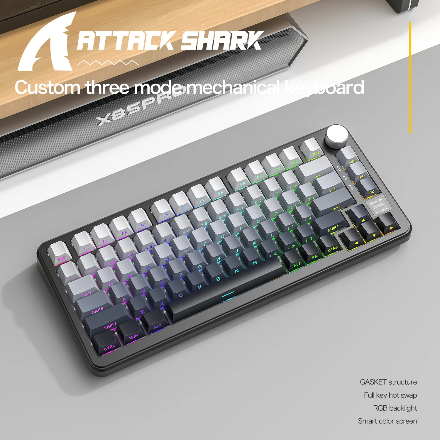 Attack Shark X85PRO RGB Wireless Mechanical Keyboard ,Alloy Knob,Smart Colour Screen,GASKET Structure,Full-key Hot Swap,Win/Mac