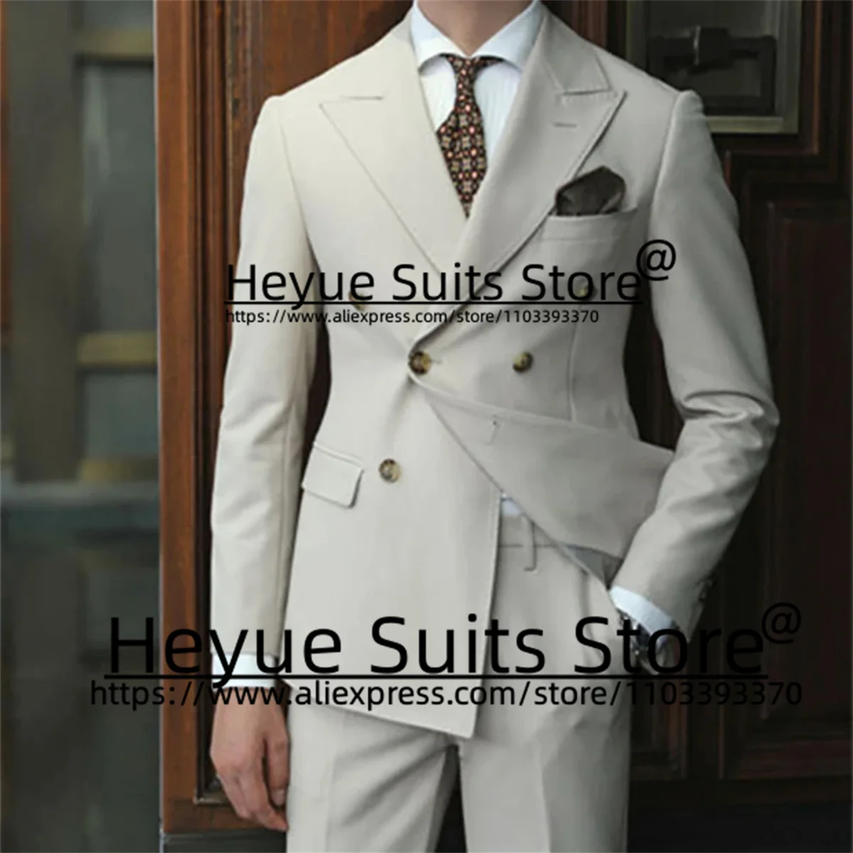 

Elegant Double-breasted Wedding Suits For Men Slim Fit Peak Lapel Groom Formal Tuxedos2Pcs Sets Luxuly Male Blazer Costume Homme