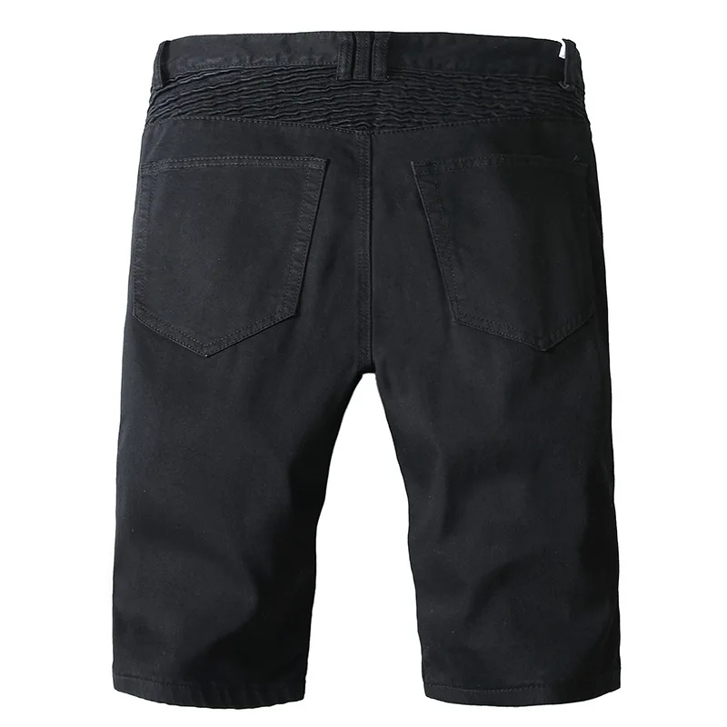 New Summer Men's Jean Motorcycle Biker Denim Shorts With Zippers Pleated Straight Slim Men Black Stretch Jeans Shorts Trousers