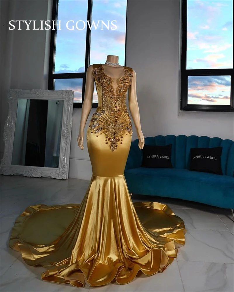 Gold Sheer O-Neck Long Prom Dress para meninas negras, strass cristal frisado, vestidos de festa de aniversário, vestidos de noite sereia