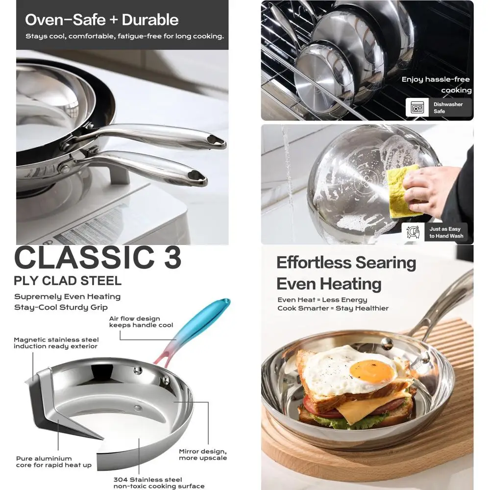 

8 Nonstick Stainless Steel Frying Pan with Lid - Tri-Ply Base, Cool Handles, Induction and Oven Safe Cookware