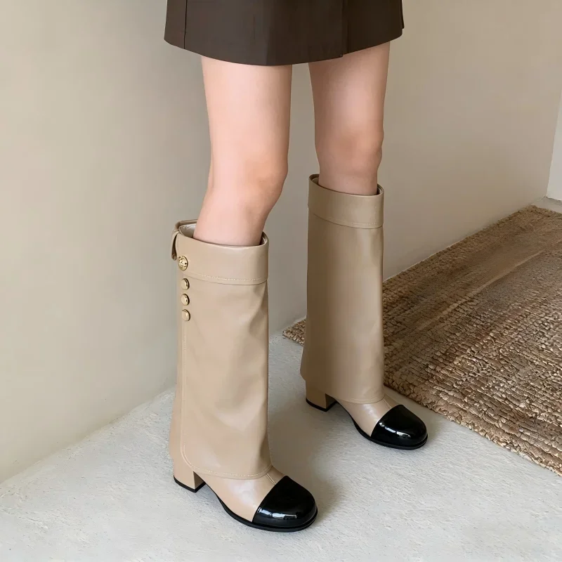 Metal Buckle Color Block PU Leather Chunky Comfy Office Daily Commute Wide Women's Retro Round Toe Block Heel Mid Calf Boots
