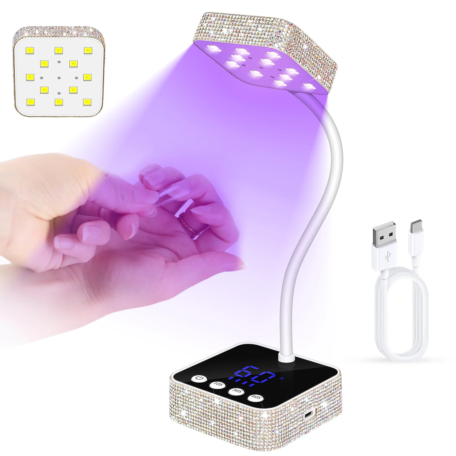 Rechargeable UV LED Nail Lamp Cordless Curing Light with 360° Adjustable Gooseneck and 3 Timer Settings for Gel Nails