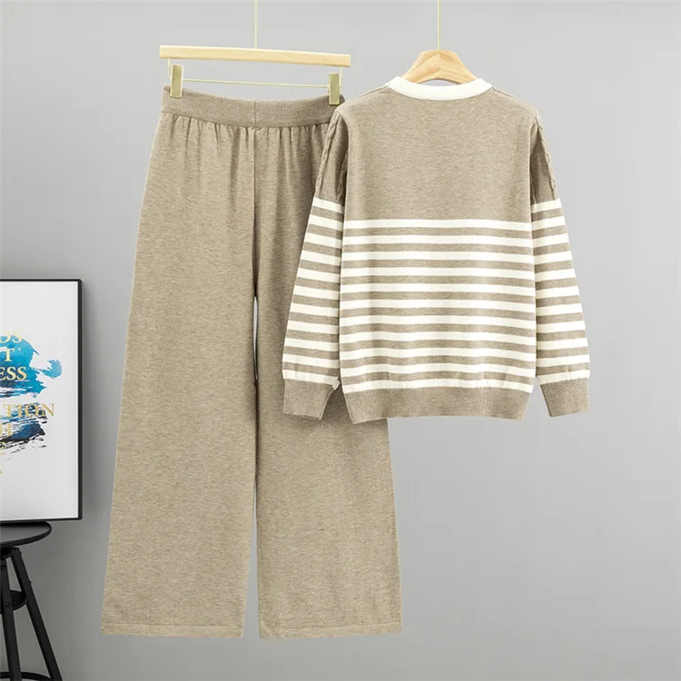 Gestreiften Pullover Pullover Set Frauen Kleidung Herbst Winter Neue Mode Twist Lose Breite bein Hosen Zwei Stück Sets Frauen outifits
