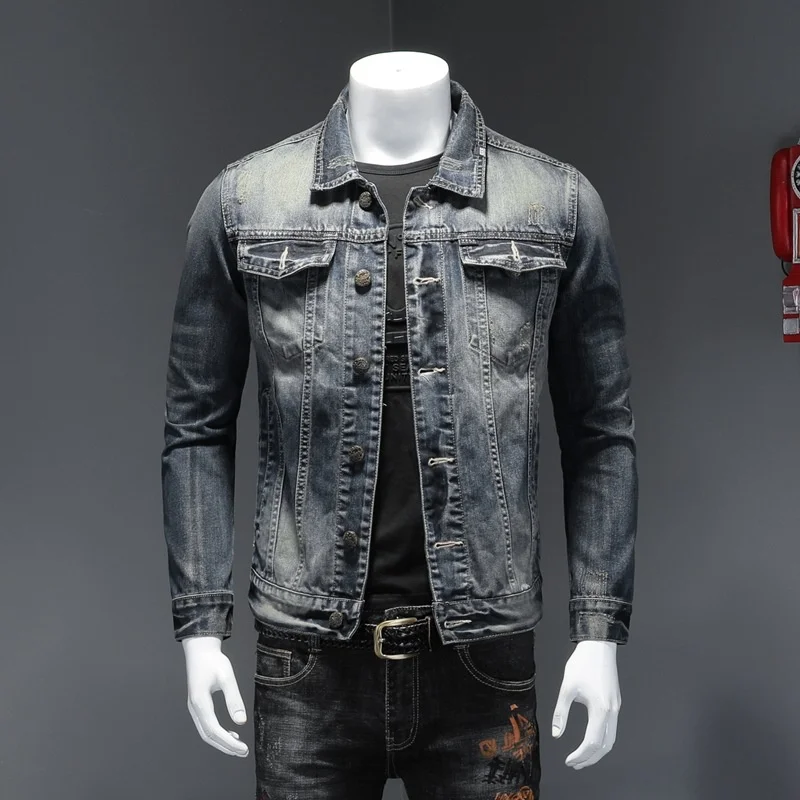 

Denim Jacket Men Vintage Blue Ripped Jeans Casual Slim Fit Single Breasted Spring Autumn New in Outerwears M-4XL 5XL