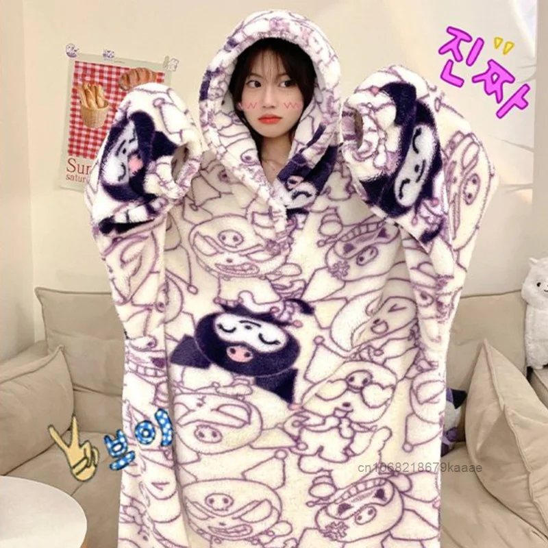 Sanrio Kuromi Winter Women\'s Coral Fleece Thick One-piece Home Clothes Korean Style Sweet Y2k Girl Hooded Loose Casual Nightgown