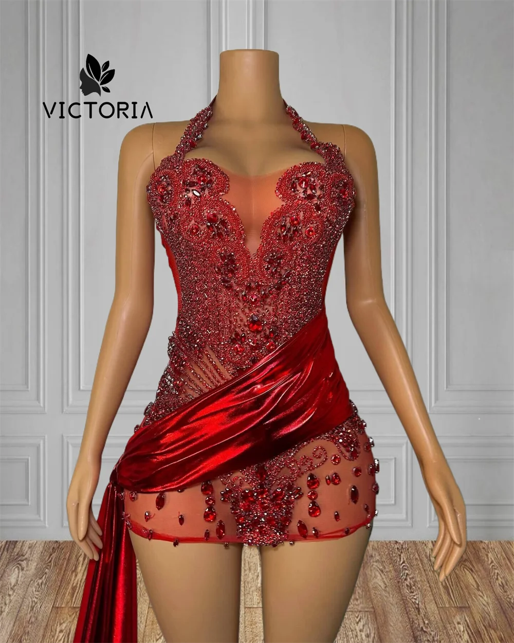 Halter Red Rhinestones Crystals Short Prom Dresses 2024 With Train Homecoming Women Birthday Party Gowns Halter Customized