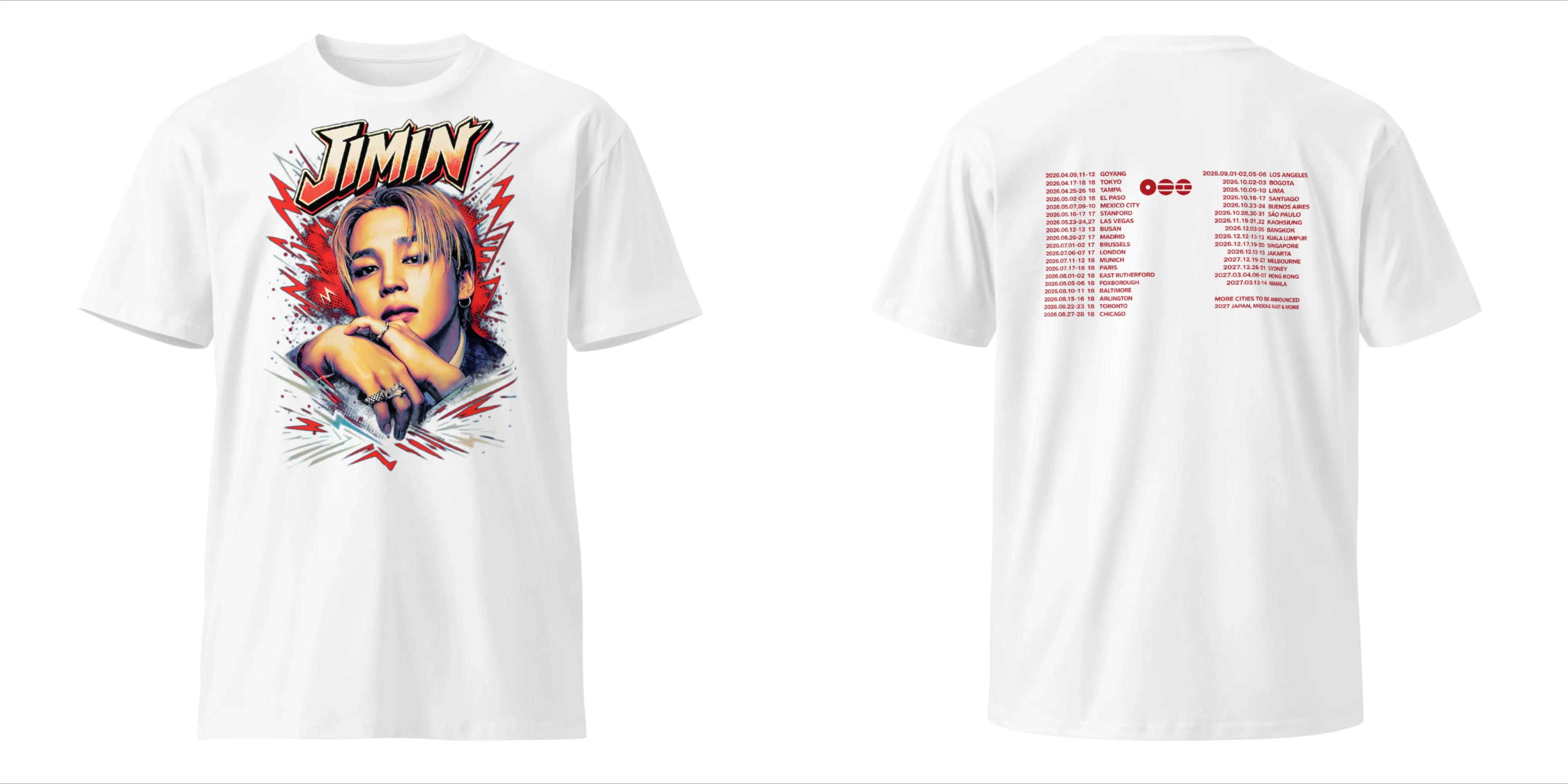 BTS Jimin Taehyung 2026 World Tour Doppelseitiges Grafik-T-Shirt mit Porträt und Tour-Städtenliste Kpop-Fans T-Shirt für Männer, Frauen und Kinder – Detail 9