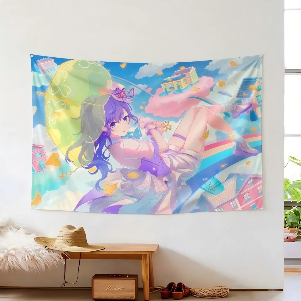 Kawaii Purple Hair Anime Girl Tapestry, Cute Dreamy Cartoon Wall Blanket, Dorm Bedroom Streaming Background Home Decor Gift