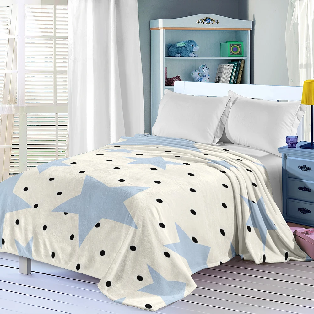 Blue Stars Black Dots Cream Flannel Blanket Soft Cozy Throw Blanket for Bed Sofa Couch Fuzzy Plush Bed Cover