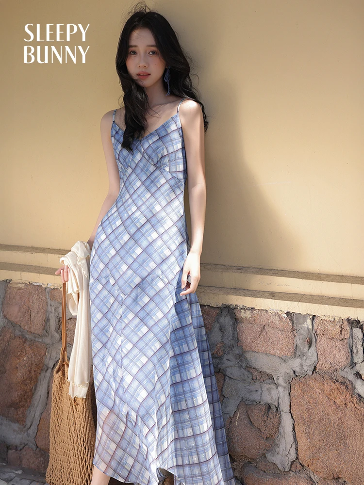 French Vintage Plaid Cami Dress Women Summer Slim Fit Chiffon Maxi Dress  Blue Printed Spaghetti Strap Mermaid Dress Elegant Look - AliExpress  200000345