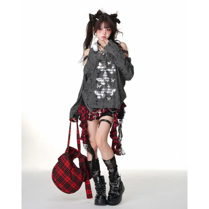 Retro Harajuku Gothic Stil Leder Spleißen Kurzen Rock für Frauen Y2K Spitze Saum Mini Falten Rock Herbst Straße Cool Girl