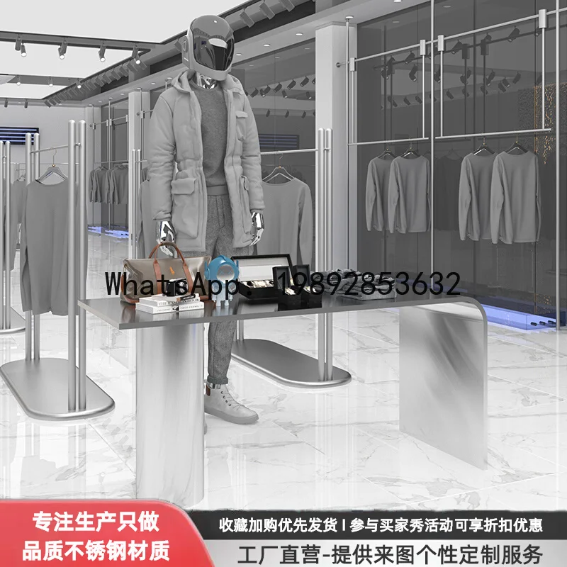Clothing Store Island Counter Flow Counter Stainless Steel silver Brushed Display Counter Product Display Table Shoes Bags