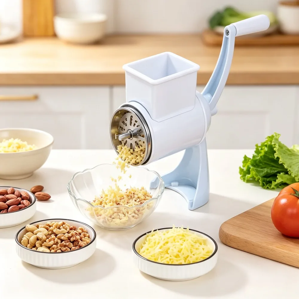 Manual Cheese Grater Shredder Stainless Steel Hand Crank Grinder with 5 Interchangeable Blades for Vegetable Cheese Nuts Kitchen