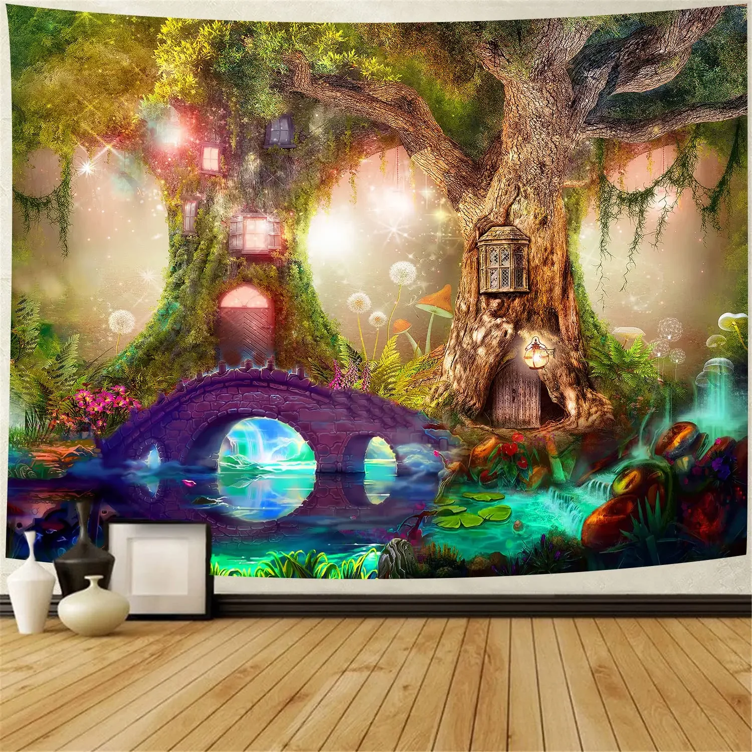 Fairy Tale Forest Tapestry Wall Hanging Water Lily Pond Magic Trees Houses In Dreamland Tapestries Birthday Party Bedroom Decor