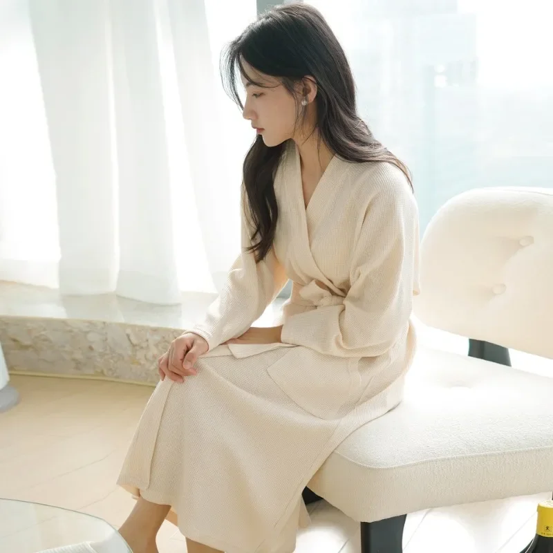 Women Cotton Waffle Robe Nightwear Long Sleeve Bathrobes Bandage Sleepwear Home Clothes Solid Color Casual Nightie With Pockect