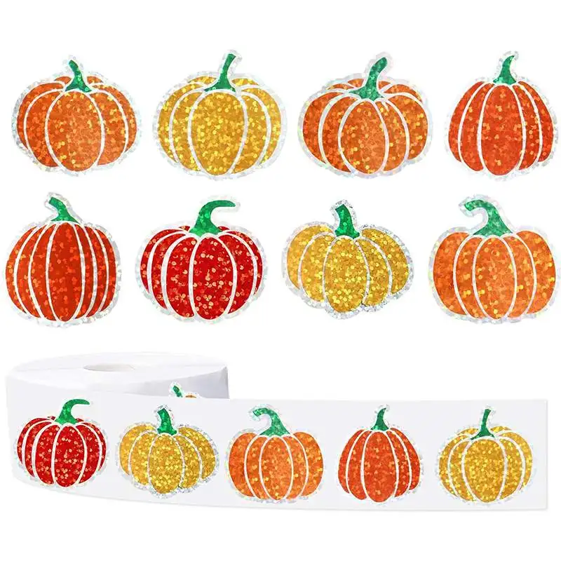 500pcs Halloween Pumpkin Sticker Roll Holographic Glitter Adhesive Decals Gift Party School Classroom Envelope Decor for Kids
