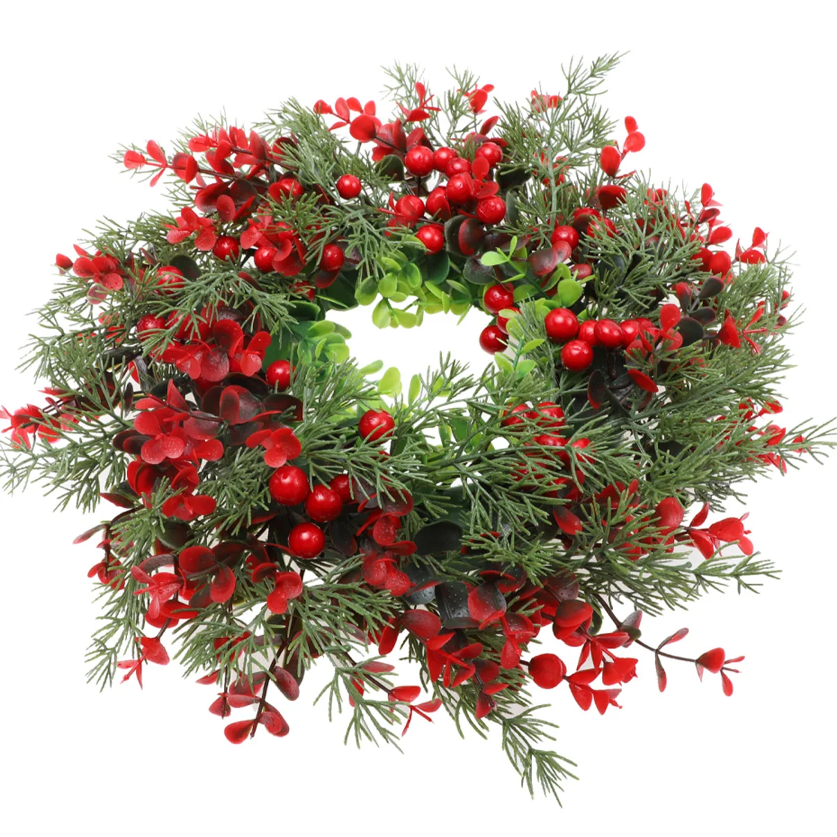 1pc 13.8in Christmas Wreath with Artificial Red Eucalyptus Berries for Front Door Fireplace Mantel Window Wall Hanging Decor