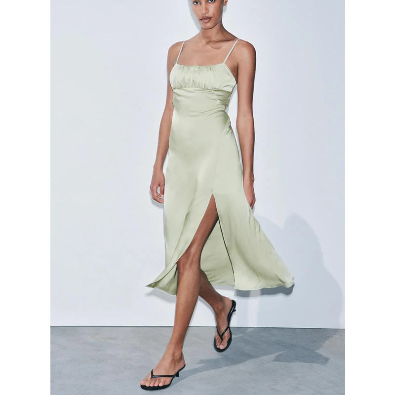 Abito Ele in raso di seta a vita alta con design dritto plissettato Ne Summer Long Svel Dr per donna