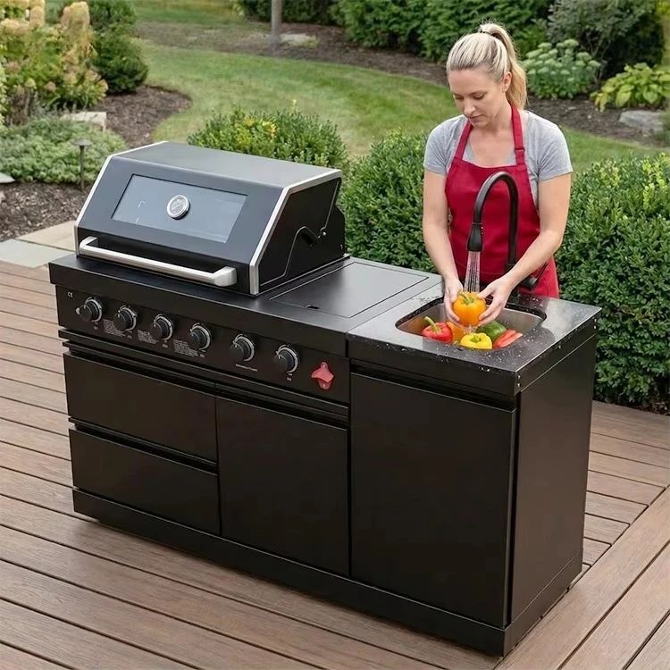 Customized Outdoor Kitchen BBQ Bar Island Stainless Steel Gas Grill Equipped with Sink and Faucet for Villa Outdoor Area