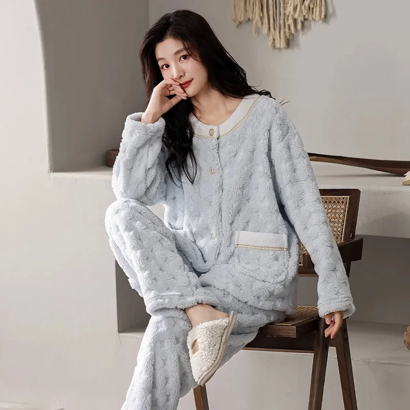 Women's Thick Fleece Pajama Set Autumn Winter Pearl Button Long Sleeve Loungewear