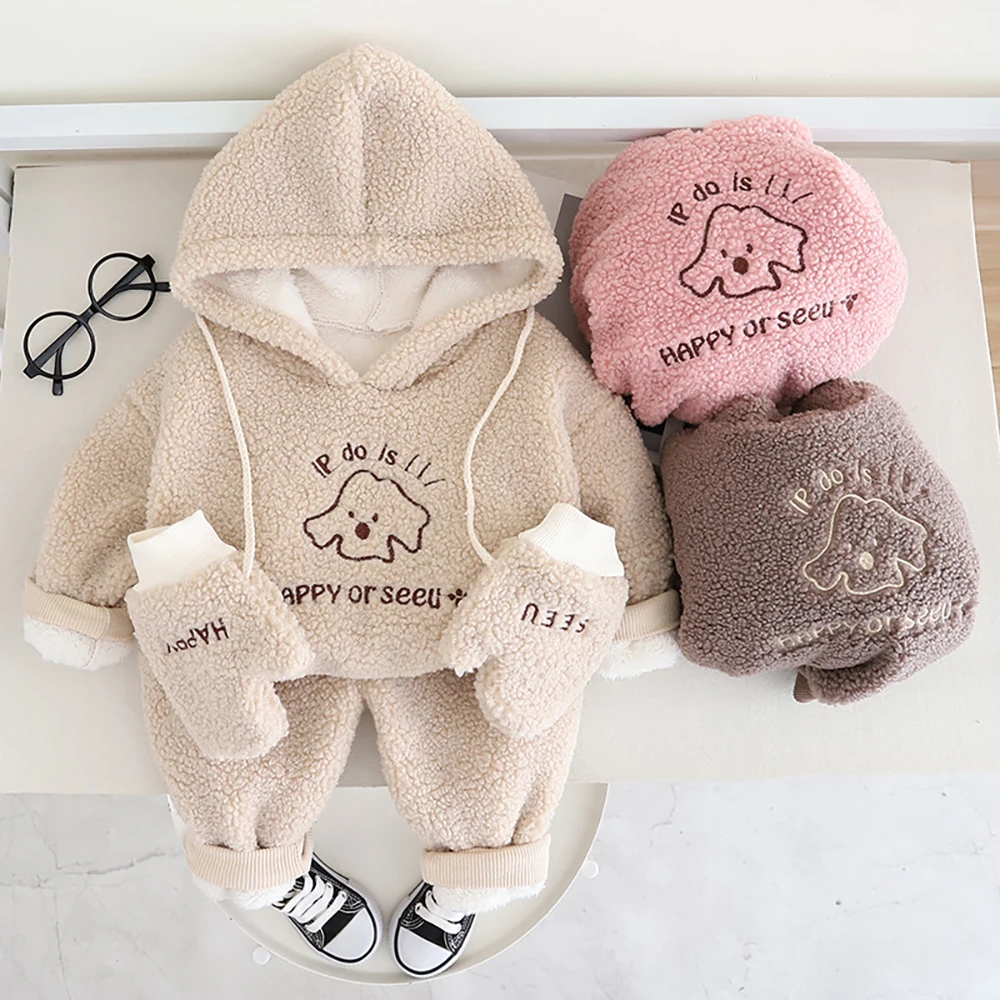 

Kids Baby Velvet Cotton Clothes Sets Winter Girls Boys Lambswool Pullover Coats+Pants 2Pcs Thick Warm Children Clothing Suit